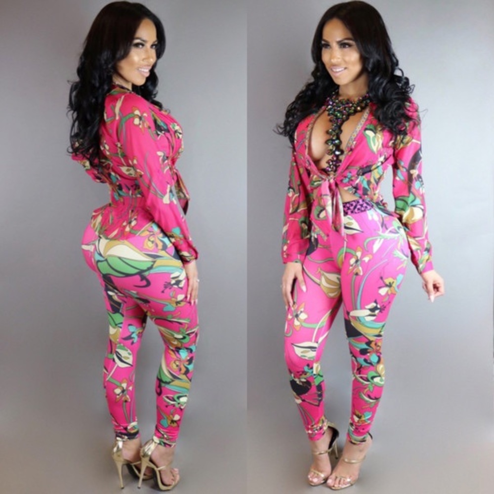 Long Sleeve Sexy Floral Print Jumpsuits Large